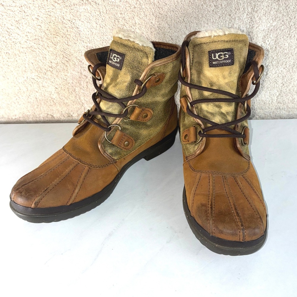UGG Tan Leather Suede Duck Boots - 10 - Waterproof Shearling 1007999 Winter